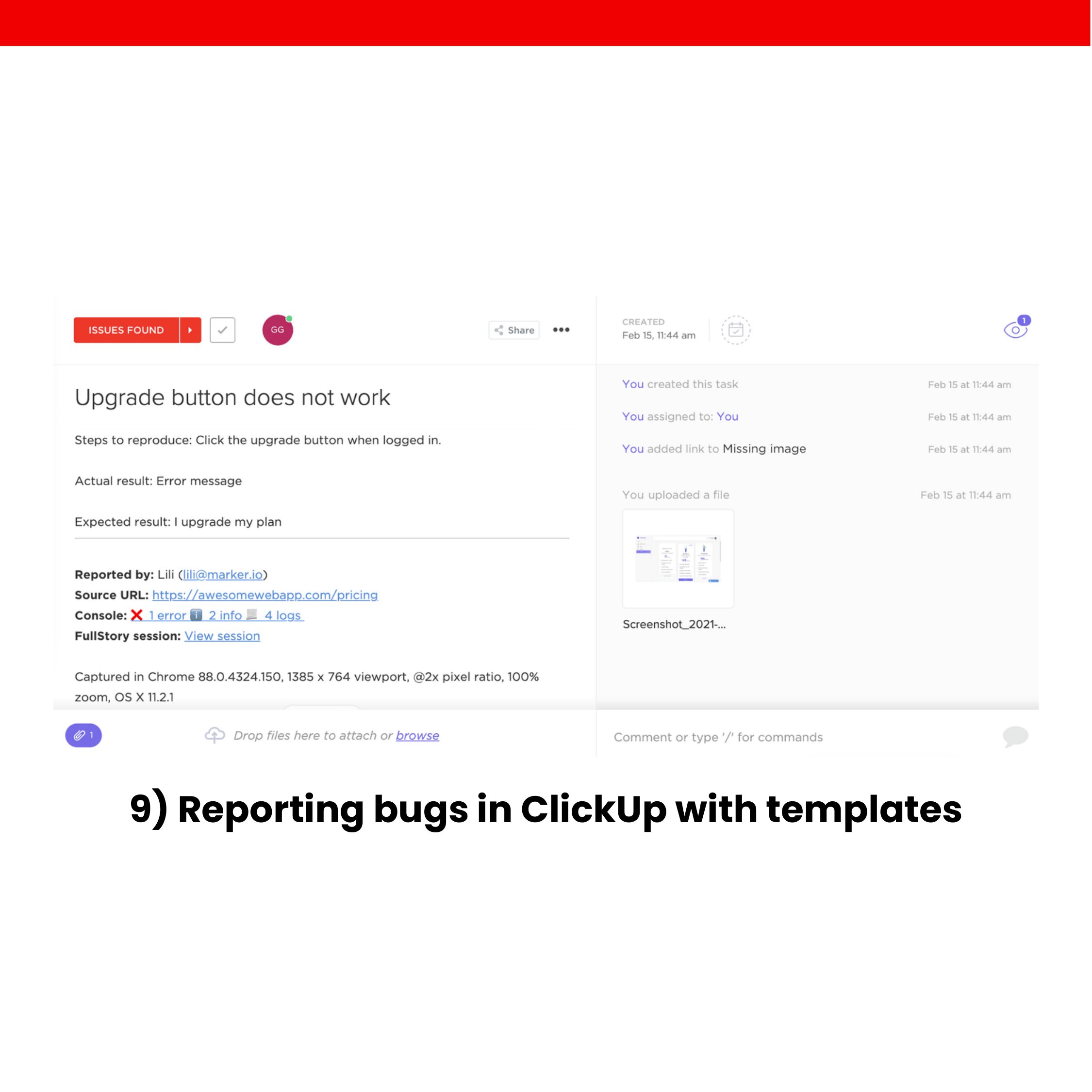 9) Reporting bugs in ClickUp with templates